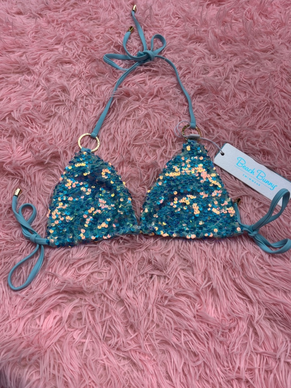 Beach Bunny Aqua Blue Sequin Triangle Bikini Top
